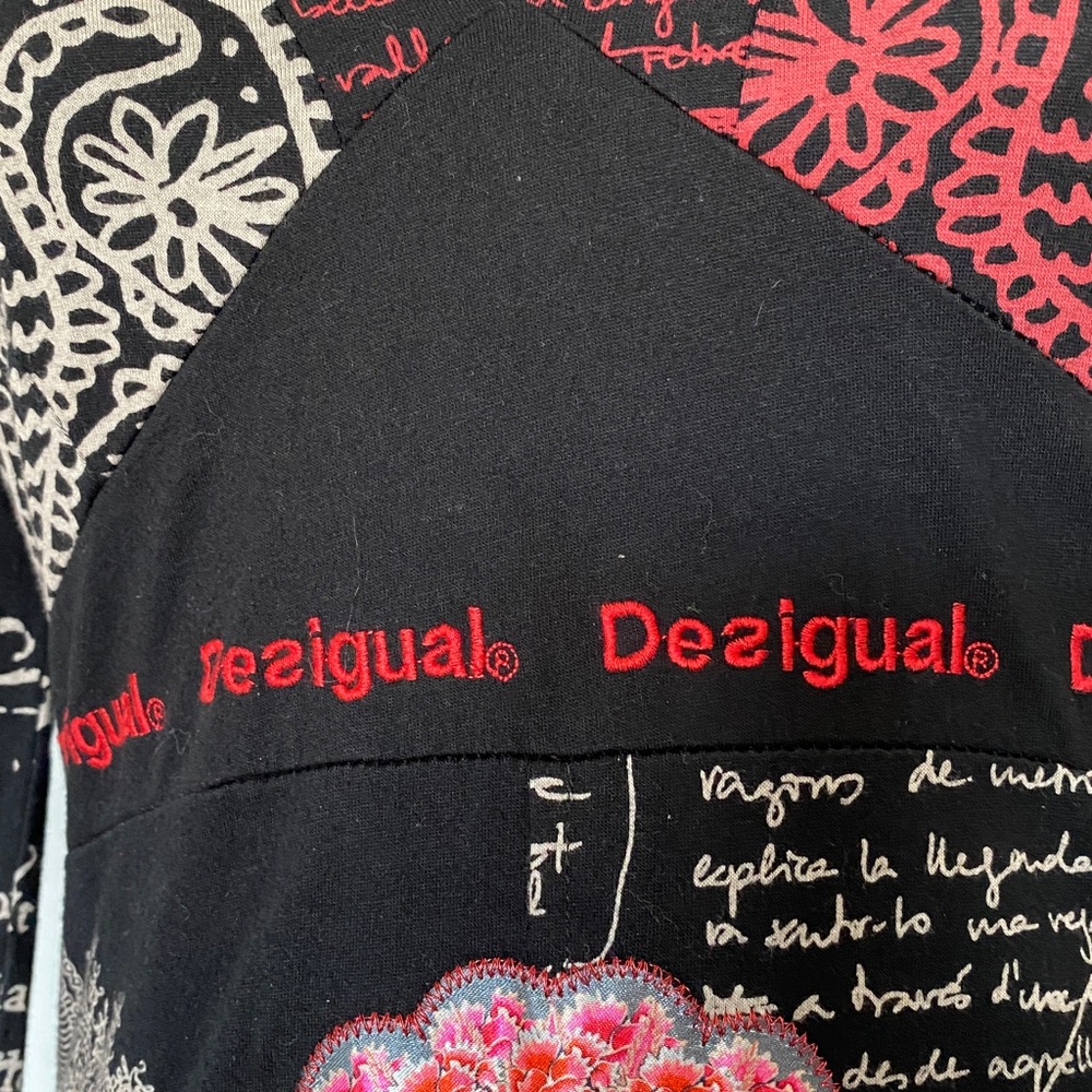 Desigual Black and Red Artistic Long Sleeve Dress Fit & Flare Midi V-Neck Med - Picture 6 of 17